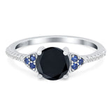 Art Deco Wedding Engagement Bridal Ring Round Simulated Blue Sapphire Cubic Zirconia 925 Sterling Silver