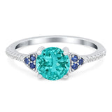 Art Deco Wedding Engagement Bridal Ring Round Simulated Blue Sapphire Cubic Zirconia 925 Sterling Silver