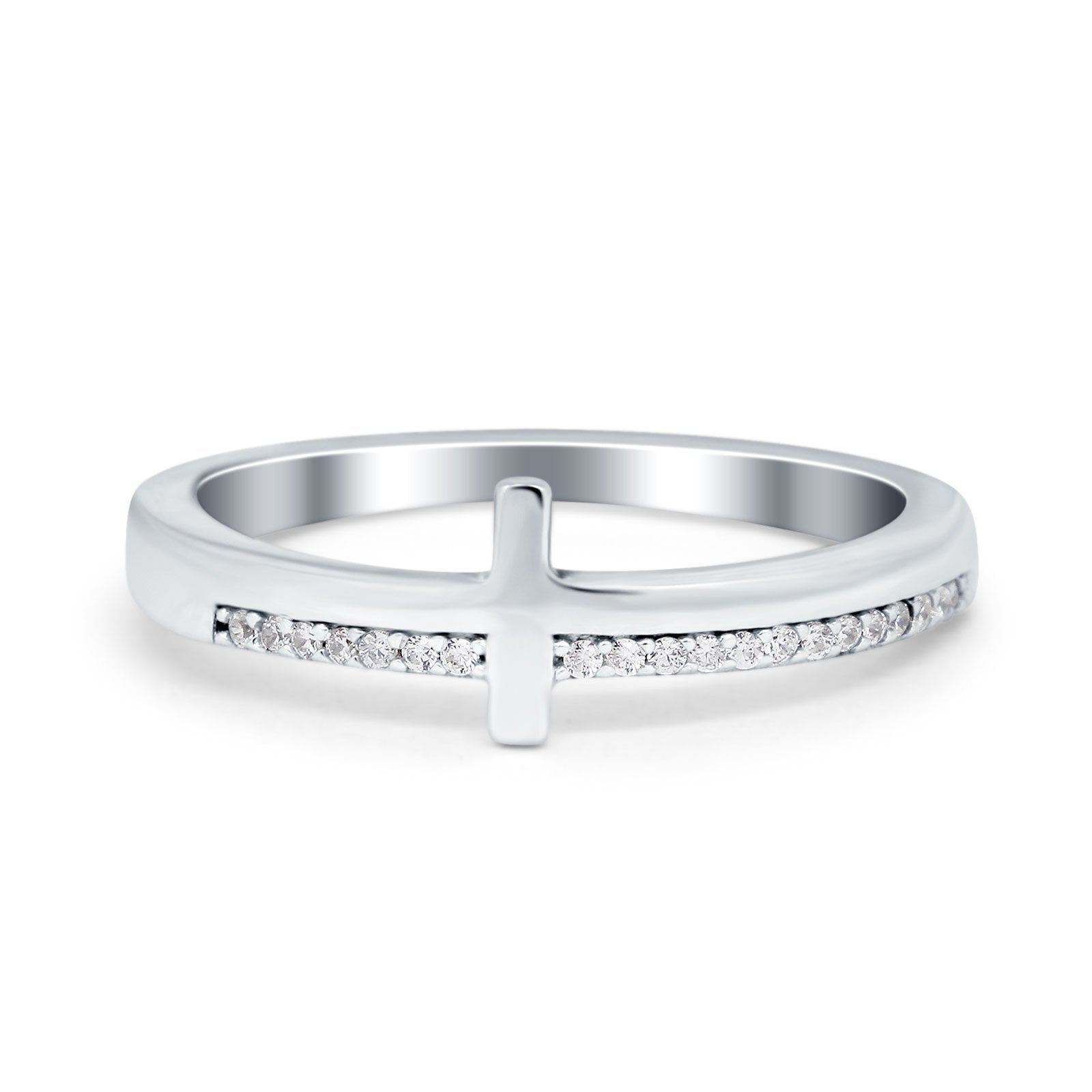 Sideway Cross Ring Round Eternity Simulated Cubic Zirconia 925 Sterling Silver