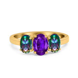 Three Stone Engagement Ring Oval Cut Rainbow Simulated Cubic Zirconia 925 Sterling Silver