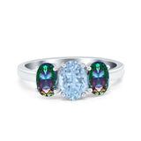 Three Stone Engagement Ring Oval Cut Rainbow Simulated Cubic Zirconia 925 Sterling Silver