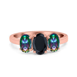 Three Stone Engagement Ring Oval Cut Rainbow Simulated Cubic Zirconia 925 Sterling Silver