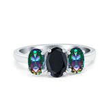 Three Stone Engagement Ring Oval Cut Rainbow Simulated Cubic Zirconia 925 Sterling Silver