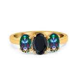 Three Stone Engagement Ring Oval Cut Rainbow Simulated Cubic Zirconia 925 Sterling Silver