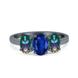 Three Stone Engagement Ring Oval Cut Rainbow Simulated Cubic Zirconia 925 Sterling Silver