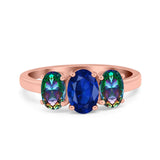 Three Stone Engagement Ring Oval Cut Rainbow Simulated Cubic Zirconia 925 Sterling Silver