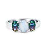 Three Stone Engagement Ring Oval Cut Rainbow Simulated Cubic Zirconia 925 Sterling Silver