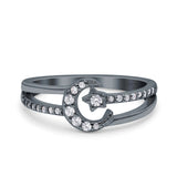 Moon Star Ring Split Shank Round Cubic Zirconia Split Shank 925 Sterling Silver