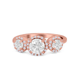 Halo Three Stone Wedding Ring Round Simulated Cubic Zirconia 925 Sterling Silver