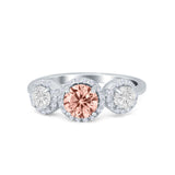 Halo Three Stone Wedding Ring Round Simulated Cubic Zirconia 925 Sterling Silver