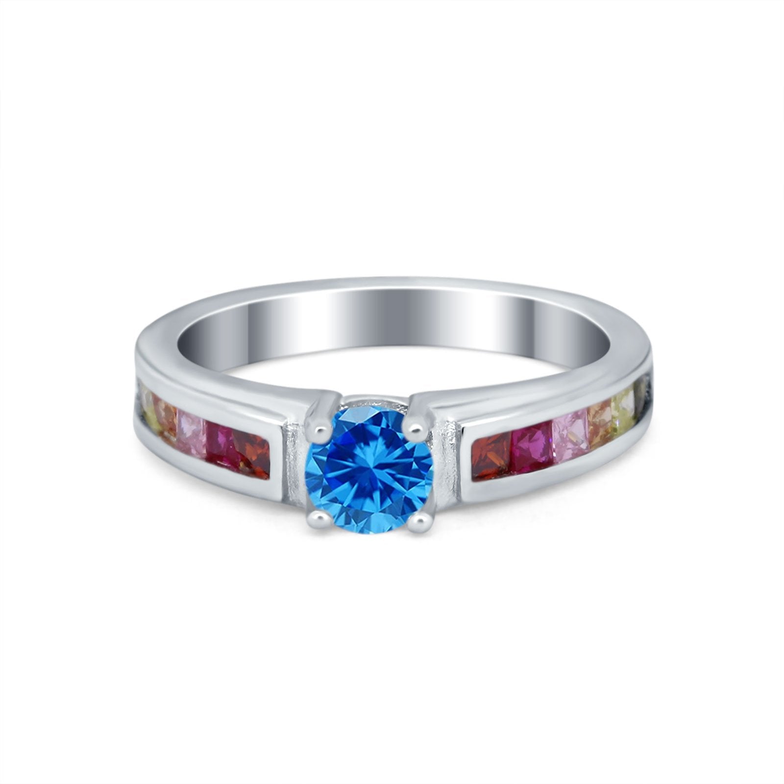 Soliaire Accent Multicolored Simulated Cubic Zirconia Ring 925 Sterling Silver