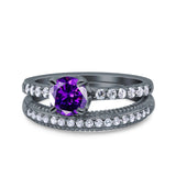 Art Deco Two Piece Wedding Bridal Ring Band Round Simulated Cubic Zirconia 925 Sterling Silver