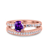 Art Deco Two Piece Wedding Bridal Ring Band Round Simulated Cubic Zirconia 925 Sterling Silver