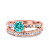 Art Deco Two Piece Wedding Bridal Ring Band Round Simulated Cubic Zirconia 925 Sterling Silver