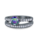 Art Deco Two Piece Wedding Bridal Ring Band Round Simulated Cubic Zirconia 925 Sterling Silver