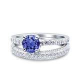 Art Deco Two Piece Wedding Bridal Ring Band Round Simulated Cubic Zirconia 925 Sterling Silver