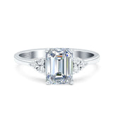 Emerald Cut Art Deco Wedding Engagement Ring Round Simulated Cubic Zirconia 925 Sterling Silver
