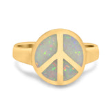 Peace Sign Ring Inlay Round Lab Created Opal 925 Sterling Silver