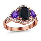 Halo Oval Simulated Cubic Zirconia Heart Amethyst CZ Ring 925 Sterling Silver