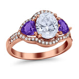 Halo Oval Simulated Cubic Zirconia Heart Amethyst CZ Ring 925 Sterling Silver