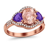 Halo Oval Simulated Cubic Zirconia Heart Amethyst CZ Ring 925 Sterling Silver