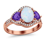 Halo Oval Simulated Cubic Zirconia Heart Amethyst CZ Ring 925 Sterling Silver