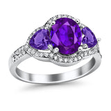Halo Oval Simulated Cubic Zirconia Heart Amethyst CZ Ring 925 Sterling Silver
