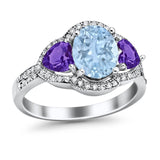 Halo Oval Simulated Cubic Zirconia Heart Amethyst CZ Ring 925 Sterling Silver