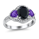 Halo Oval Simulated Cubic Zirconia Heart Amethyst CZ Ring 925 Sterling Silver