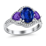 Halo Oval Simulated Cubic Zirconia Heart Amethyst CZ Ring 925 Sterling Silver