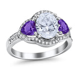 Halo Oval Simulated Cubic Zirconia Heart Amethyst CZ Ring 925 Sterling Silver