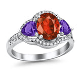 Halo Oval Simulated Cubic Zirconia Heart Amethyst CZ Ring 925 Sterling Silver