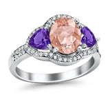 Halo Oval Simulated Cubic Zirconia Heart Amethyst CZ Ring 925 Sterling Silver