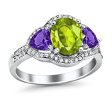 Halo Oval Simulated Cubic Zirconia Heart Amethyst CZ Ring 925 Sterling Silver