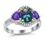 Halo Oval Simulated Cubic Zirconia Heart Amethyst CZ Ring 925 Sterling Silver