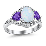 Halo Oval Simulated Cubic Zirconia Heart Amethyst CZ Ring 925 Sterling Silver