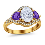 Halo Oval Simulated Cubic Zirconia Heart Amethyst CZ Ring 925 Sterling Silver