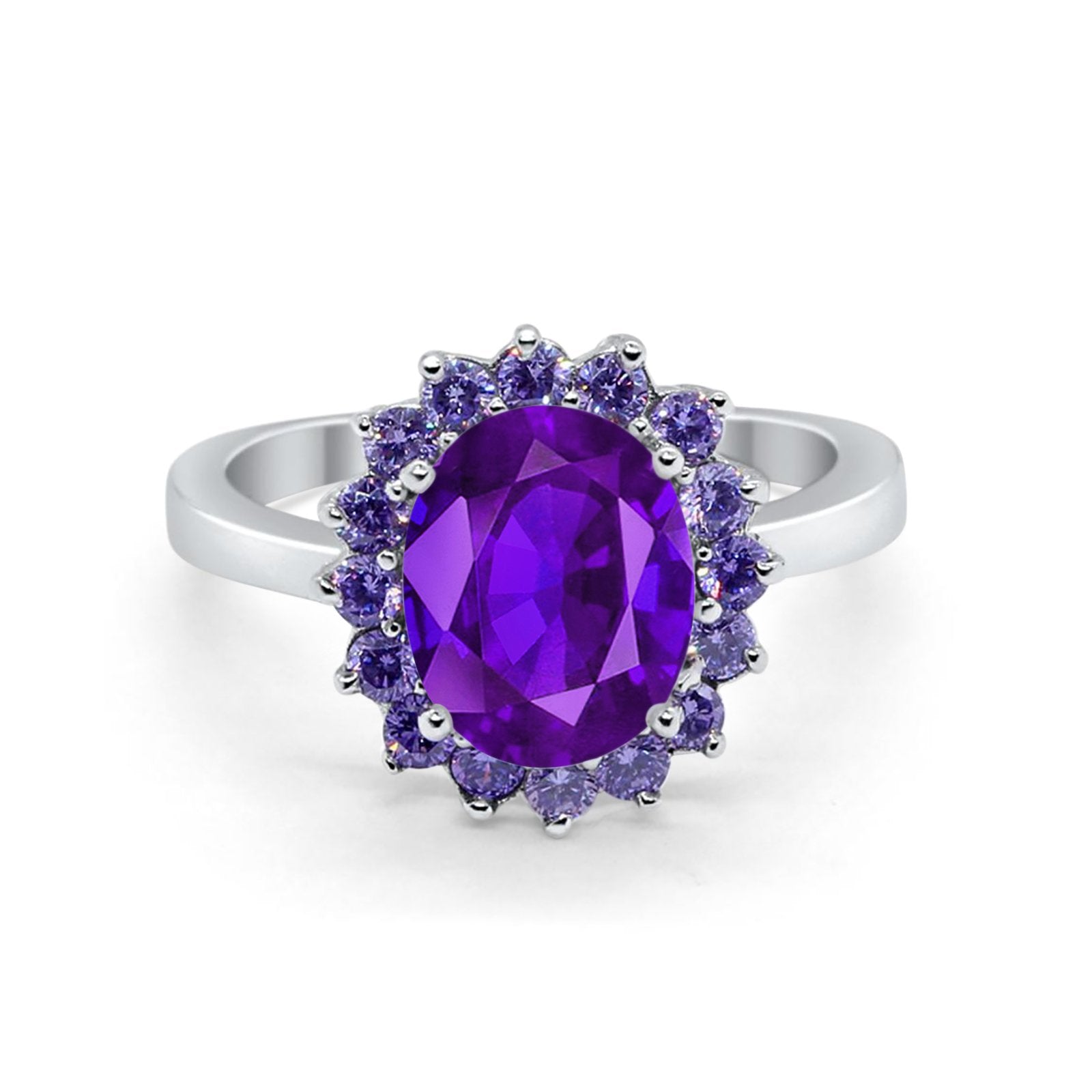 Halo Ring Simulated Purple Amethyst Oval Cubic Zirconia 925 Sterling Silver