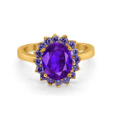 Halo Ring Simulated Purple Amethyst Oval Cubic Zirconia 925 Sterling Silver