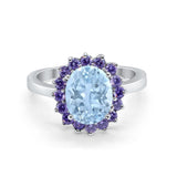 Halo Ring Simulated Purple Amethyst Oval Cubic Zirconia 925 Sterling Silver