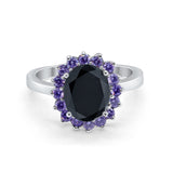 Halo Ring Simulated Purple Amethyst Oval Cubic Zirconia 925 Sterling Silver