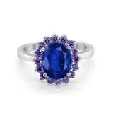 Halo Ring Simulated Purple Amethyst Oval Cubic Zirconia 925 Sterling Silver