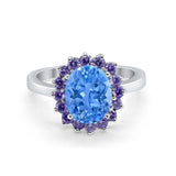Halo Ring Simulated Purple Amethyst Oval Cubic Zirconia 925 Sterling Silver