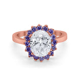Halo Ring Simulated Purple Amethyst Oval Cubic Zirconia 925 Sterling Silver