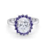 Halo Ring Simulated Purple Amethyst Oval Cubic Zirconia 925 Sterling Silver
