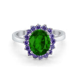 Halo Ring Simulated Purple Amethyst Oval Cubic Zirconia 925 Sterling Silver