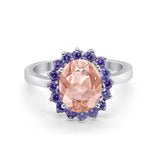 Halo Ring Simulated Purple Amethyst Oval Cubic Zirconia 925 Sterling Silver