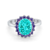 Halo Ring Simulated Purple Amethyst Oval Cubic Zirconia 925 Sterling Silver