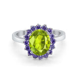 Halo Ring Simulated Purple Amethyst Oval Cubic Zirconia 925 Sterling Silver