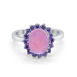 Halo Ring Simulated Purple Amethyst Oval Cubic Zirconia 925 Sterling Silver